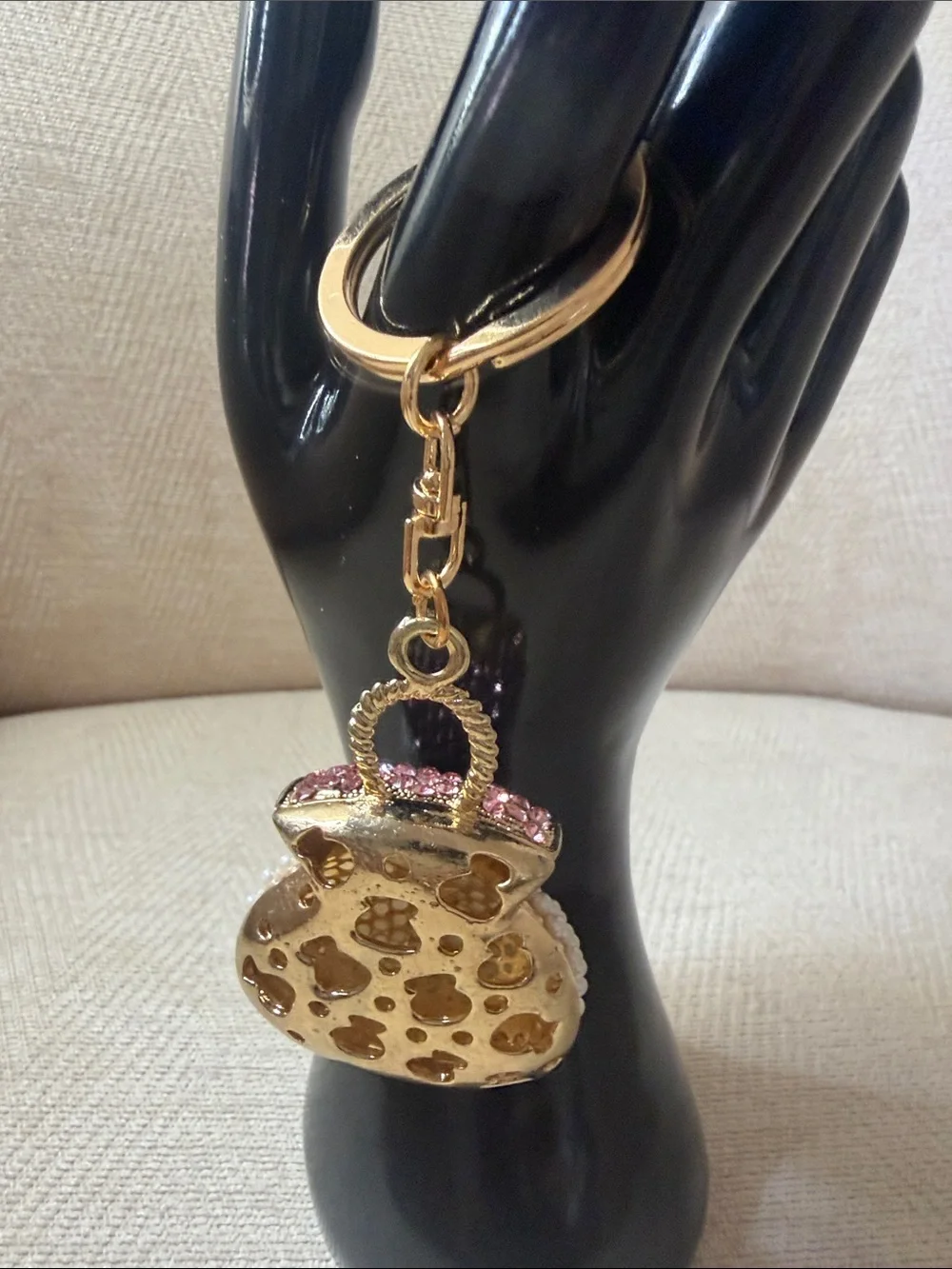 Gold Keychain Purse Charm with Pink Rhinestones and Pearls
